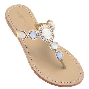Mystique Boutique HAVANA Pearl Tone & Rhinestone Embellished Leather Sandals